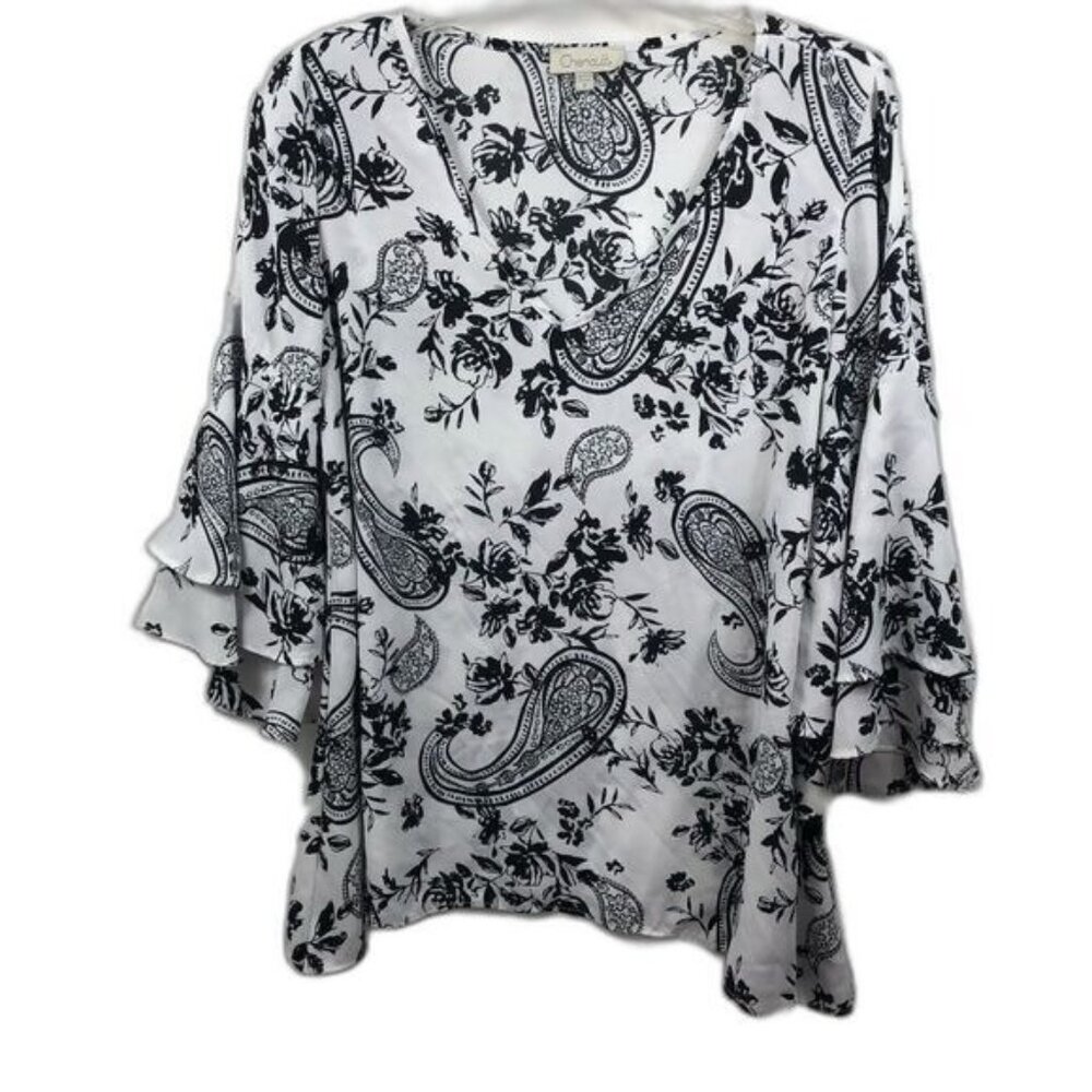 Chenault Black White Paisley Floral Print V Neck Ruffle Sleeve Blouse Top